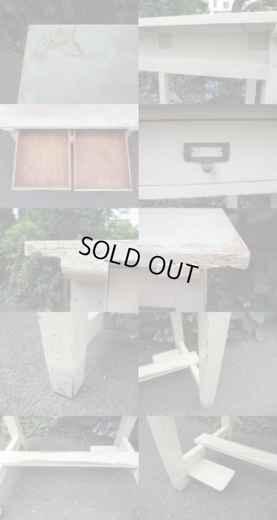 画像5: シャビーな白ペイントデスク 横2杯引出し机 作業台（２） レトロ家具
