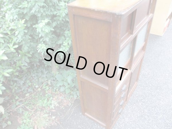 画像8: 昭和レトロ 楢材ガラス戸棚 ダイヤガラス 水屋