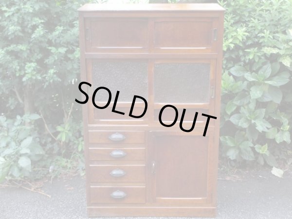 画像2: 昭和レトロ 楢材ガラス戸棚 ダイヤガラス 水屋