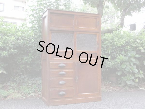 画像3: 昭和レトロ 楢材ガラス戸棚 ダイヤガラス 水屋