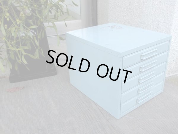 画像2: ヴィンテージ ブルーグレーのメタル製 5杯小引出し ドロワー A4